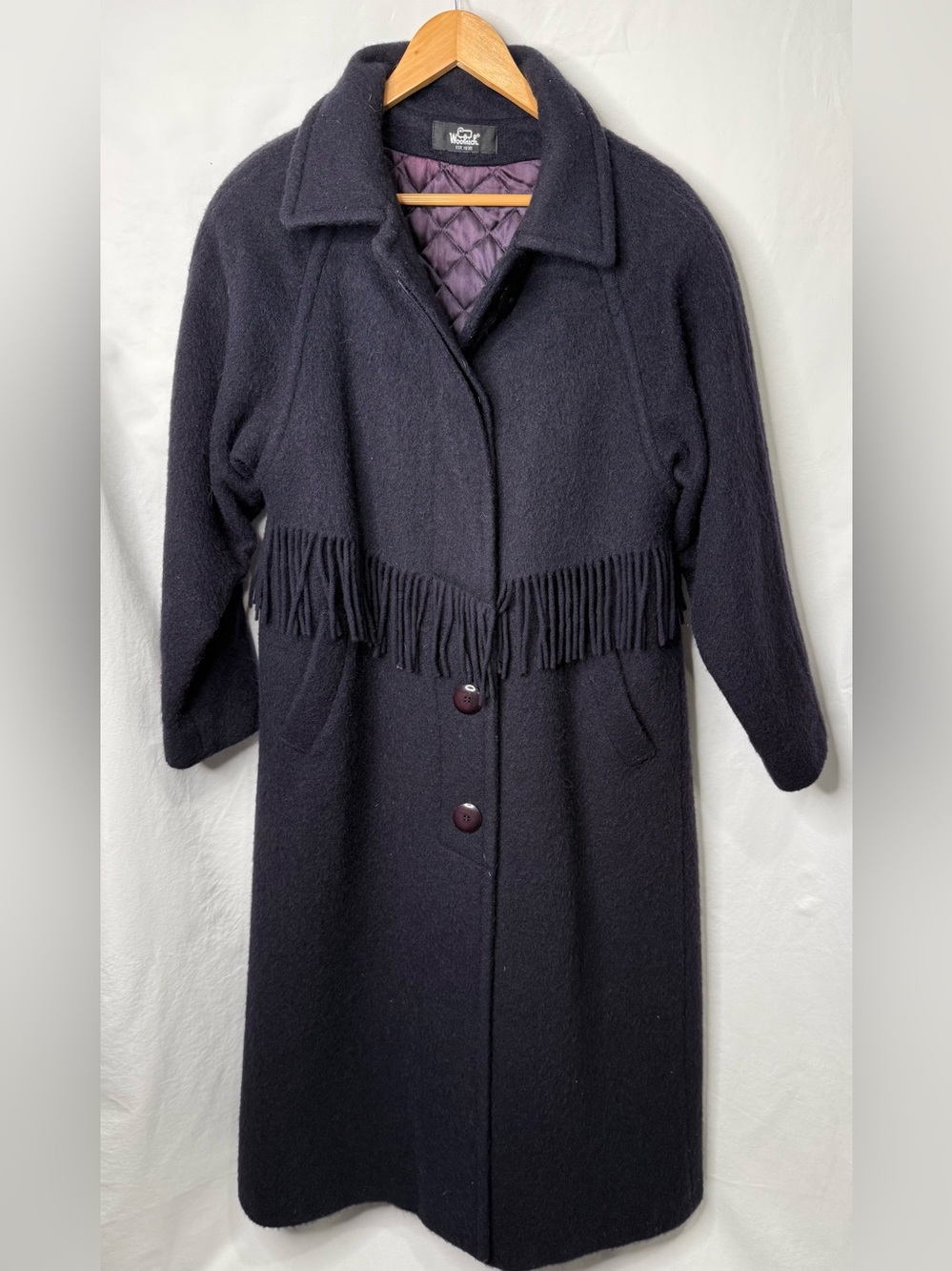 Vintage Woolrich Wool Mohair Long Coat Women M Dark Plum Fringe Made USA